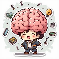 Chibi character with a large expanding brain, surrounded by books and knowledge symbols.