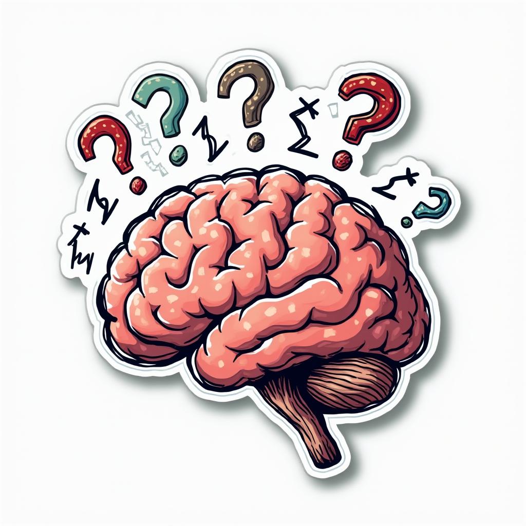 Doodle-style expanding brain with hand-drawn arrows and question marks.