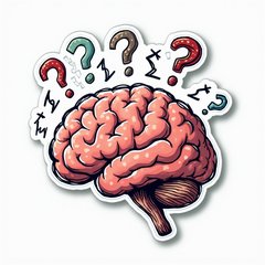 Doodle-style expanding brain with hand-drawn arrows and question marks.