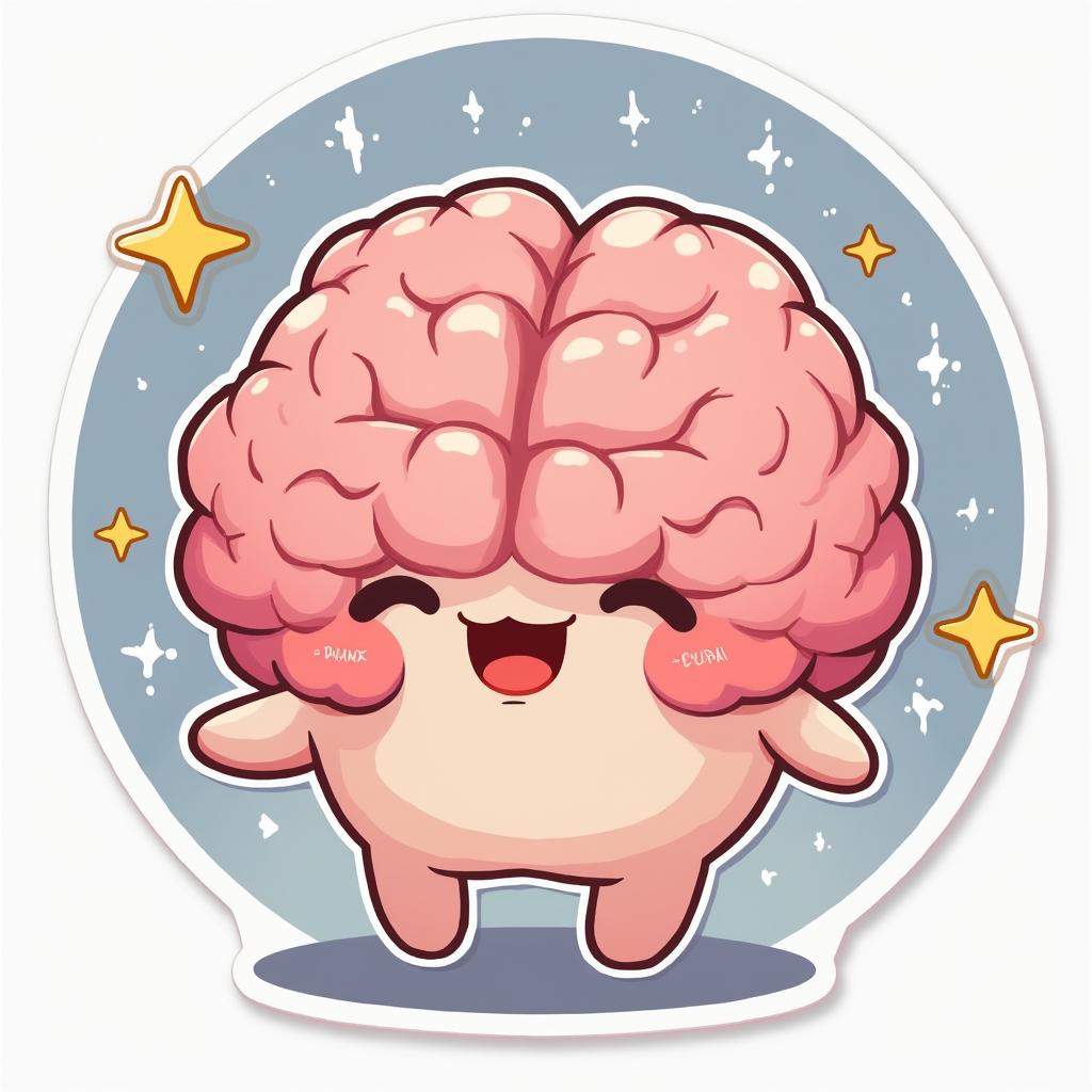 Kawaii character with a big brain, blushing and surrounded by stars.