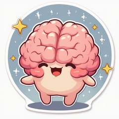 Kawaii character with a big brain, blushing and surrounded by stars.