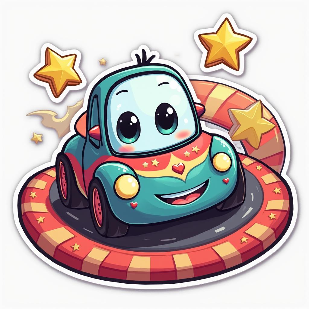 Kawaii car with big eyes and smile racing on a colorful track