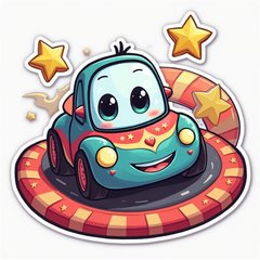 Kawaii car with big eyes and smile racing on a colorful track