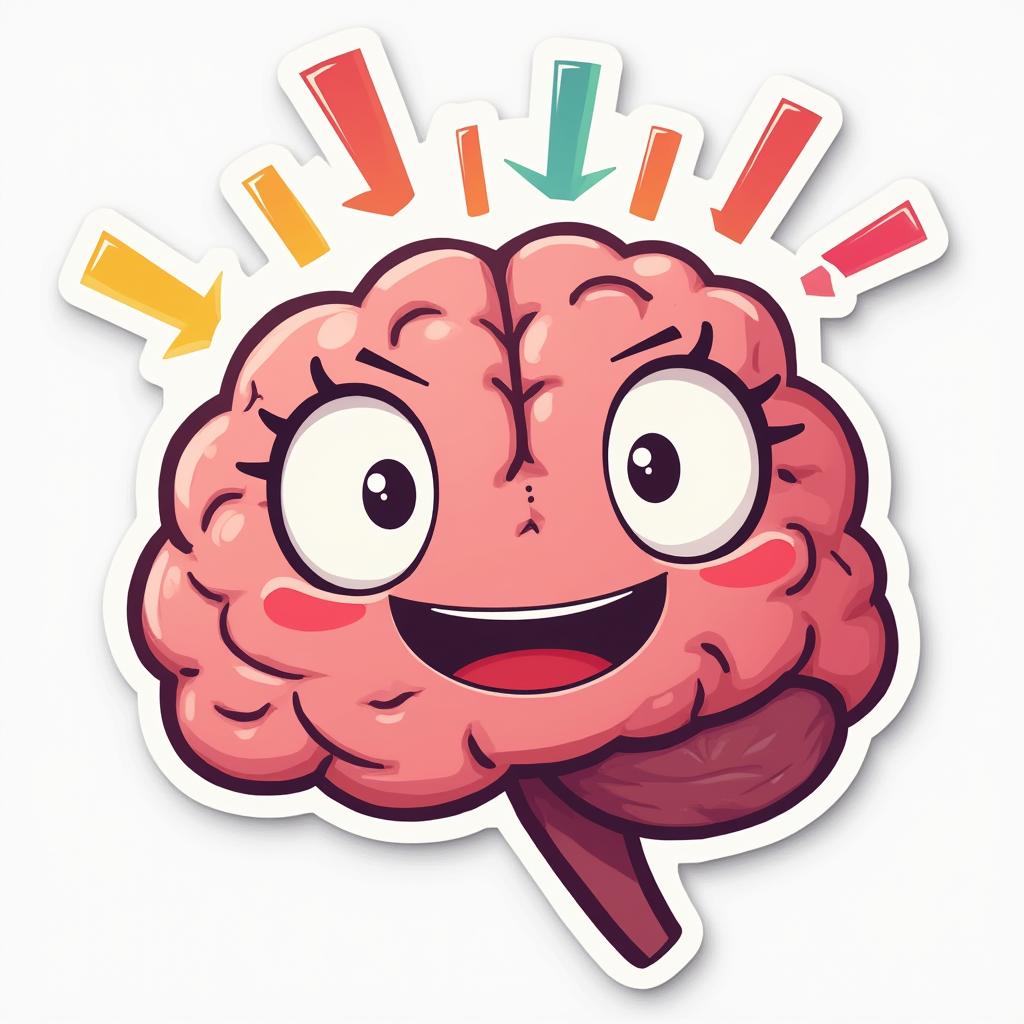 Emoji-style big brain with happy face radiating intelligence.