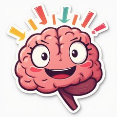 Emoji-style big brain with happy face radiating intelligence.