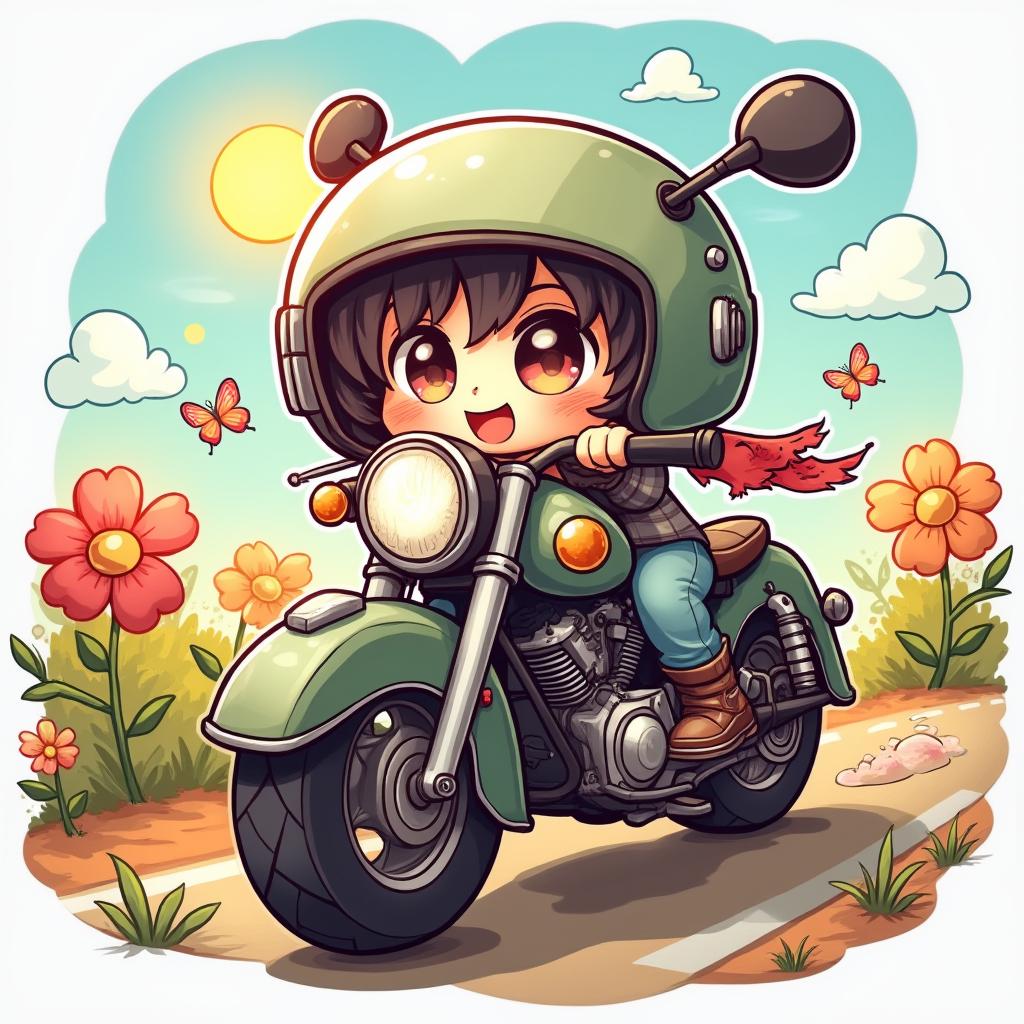 Kawaii motorcycle with big eyes riding down a sunny road with flowers