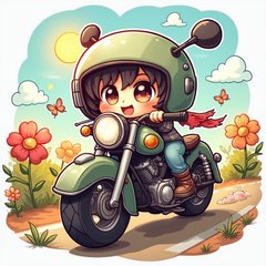 Kawaii motorcycle with big eyes riding down a sunny road with flowers