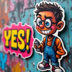 Graffiti character with grin spray painting 'YES!'