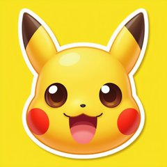 Emoji-style surprised Pikachu with large eyes and a small mouth on yellow background