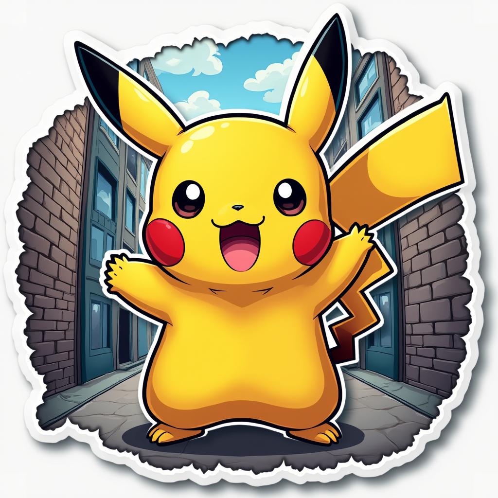 Comic book style Pikachu with surprised expression in a city backdrop