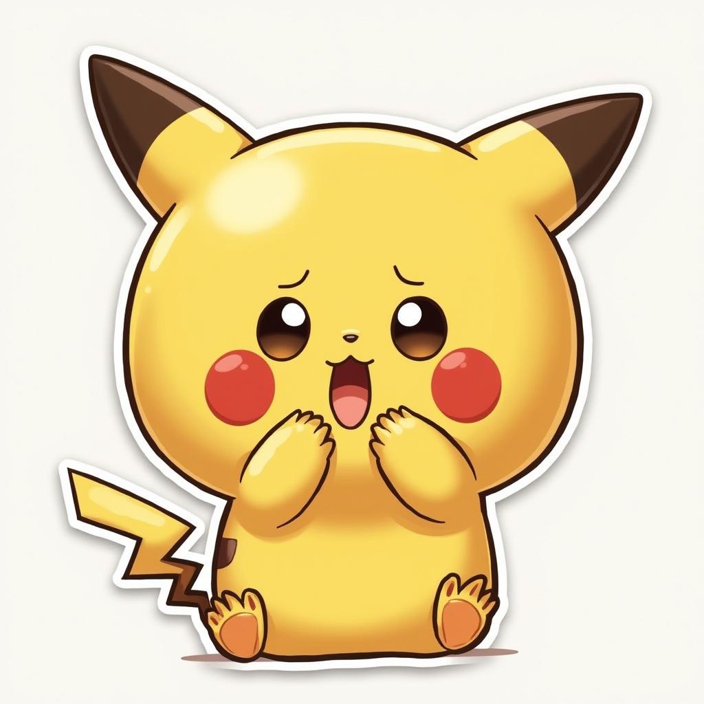 Chibi Pikachu with oversized head and shocked expression, hands on cheeks