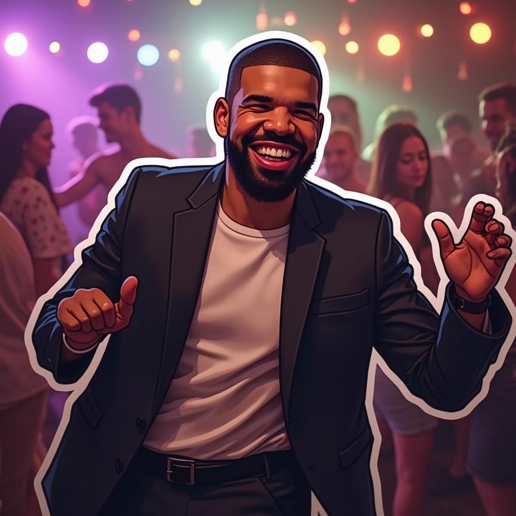 Meme-style sticker of Drake dancing joyfully at a party with disco lights.