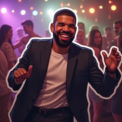 Meme-style sticker of Drake dancing joyfully at a party with disco lights.