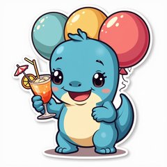 Kawaii cartoon Drake with big eyes holding a cocktail and surrounded by balloons.