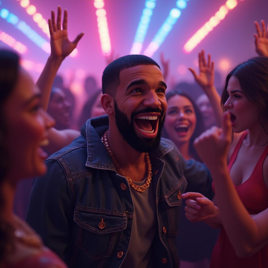 3D rendered sticker of Drake enjoying a lively party with colorful lighting.