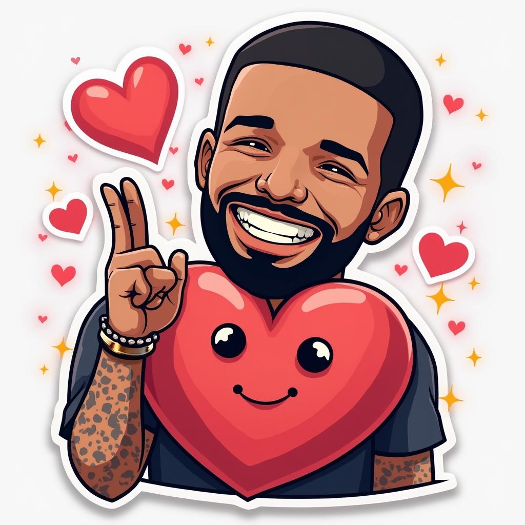 Meme-style sticker of Drake with a heart gesture and playful smile surrounded by hearts.