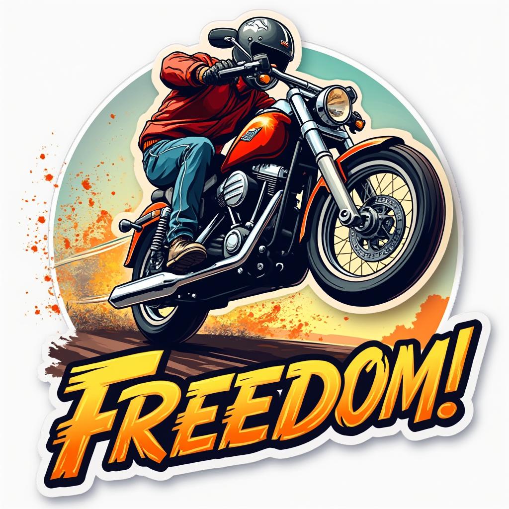 Comic book motorcycle jumping over a ramp with 'Freedom!' text