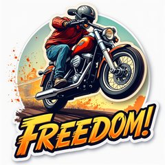 Comic book motorcycle jumping over a ramp with 'Freedom!' text