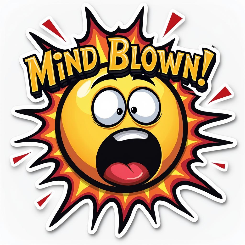 Meme sticker of a shocked face with explosion graphics and text 'Mind Blown!'