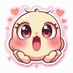 Kawaii shocked face with big eyes and surrounded by hearts and sparkles