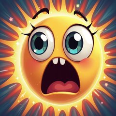 Cartoon shocked face with oversized features and light rays