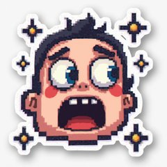 Pixel art shocked face with large eyes and pixelated stars