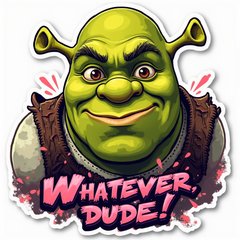 Graffiti sticker of Shrek with bold colors and sarcastic text