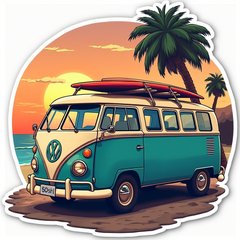 Vintage van with surfboards parked at beach with sunset and palm trees