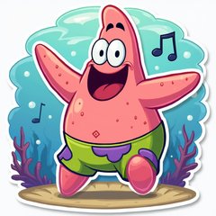 Cartoon Patrick Star dancing with musical notes underwater
