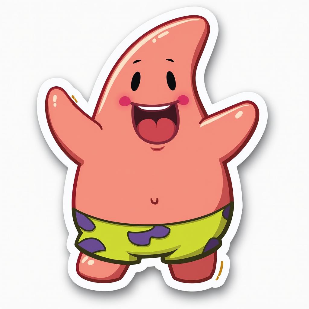 Emoji-style sticker of Patrick Star dancing happily