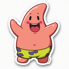 Emoji-style sticker of Patrick Star dancing happily
