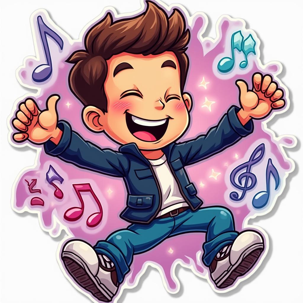 Cartoon Rick Astley dancing with lights and musical notes, text 'Never gonna give you up!'