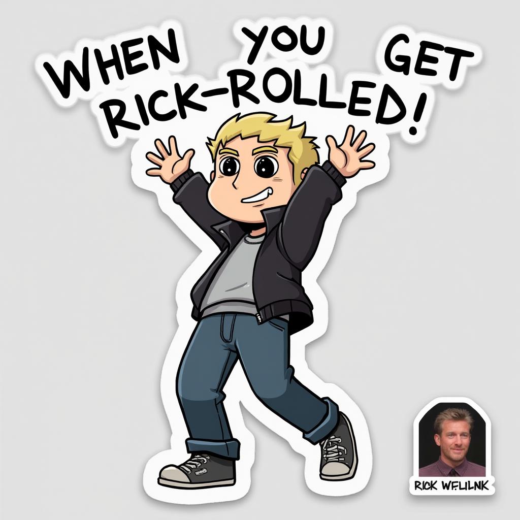 Meme character dancing with text 'When you get Rickrolled!' and Rick Astley