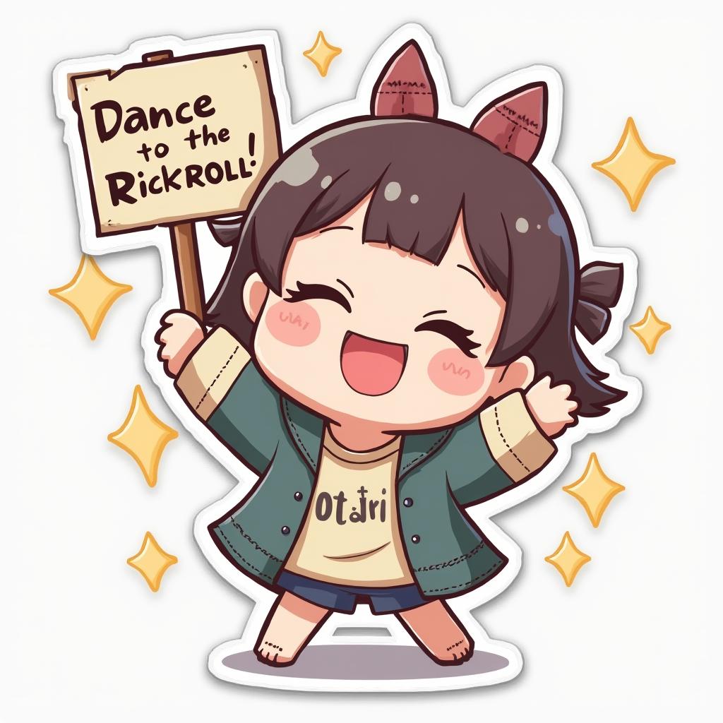 Cute kawaii character dancing with sparkles and sign 'Dance to the Rickroll!'