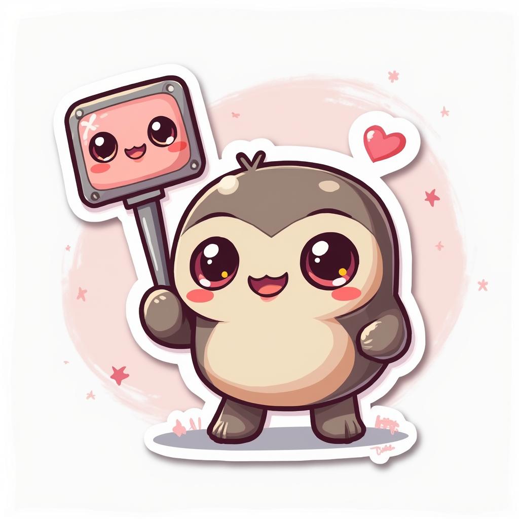 Kawaii camera with big eyes and selfie stick, smiling with sparkles