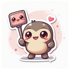 Kawaii camera with big eyes and selfie stick, smiling with sparkles