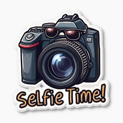 Meme camera with sunglasses and text 'Selfie Time!'