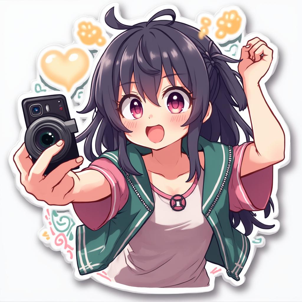 Anime camera character excitedly taking a selfie