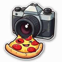 Cartoon camera zooming in on a slice of pizza