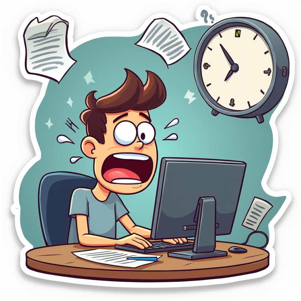 Cartoon computer looking stressed with papers flying and a clock showing late hours