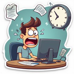 Cartoon computer looking stressed with papers flying and a clock showing late hours