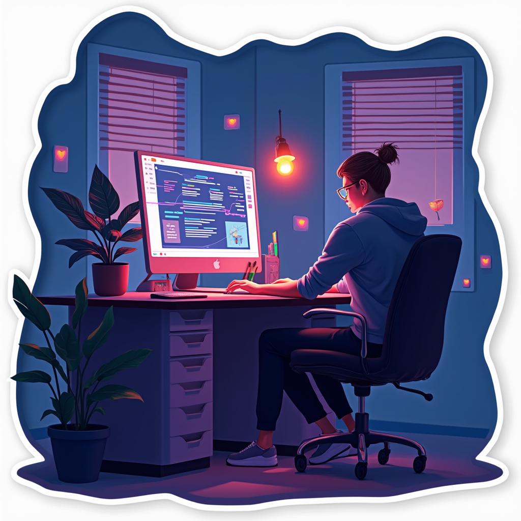 3D rendered modern computer setup with a person typing intently