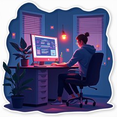 3D rendered modern computer setup with a person typing intently