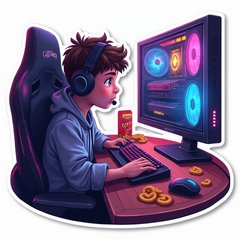 3D rendered gaming computer with a focused character and snacks