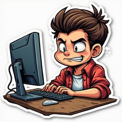 Comic book-style computer intensely focused on gaming with action lines