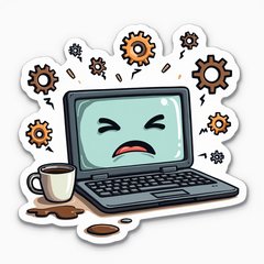 Doodle-style sad laptop surrounded by broken gears and spilled coffee