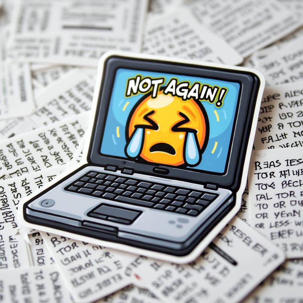 Meme-style laptop with a crying face and 'Not again!' caption