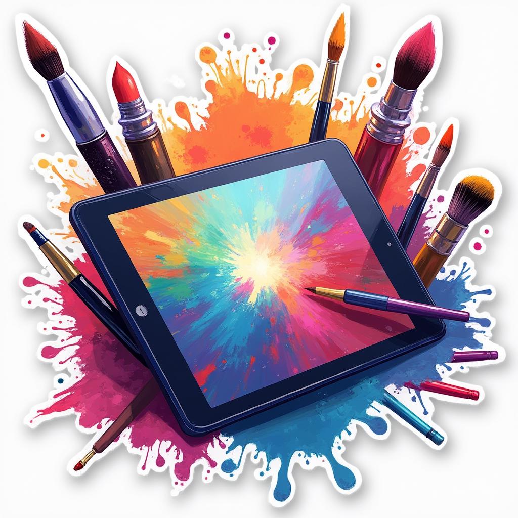3D rendered tablet showing vibrant digital art with splashes