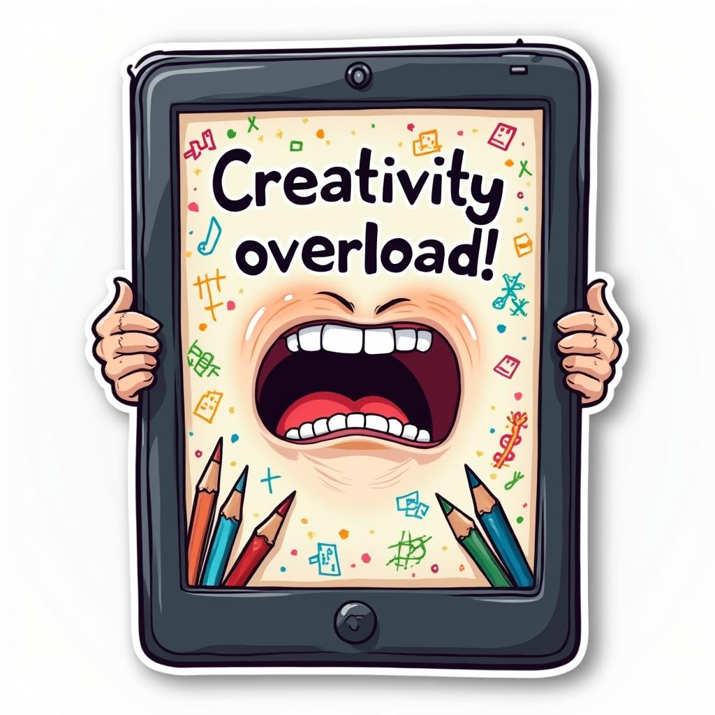 Meme-style tablet with exaggerated expression and art supplies