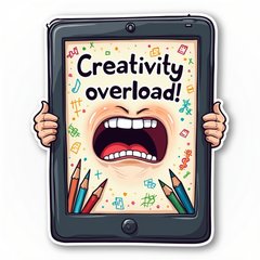 Meme-style tablet with exaggerated expression and art supplies